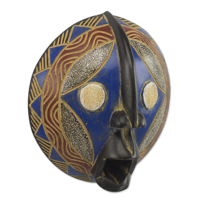 African wood mask, 'Kari Shield' - Sese Wood and Aluminum African Mask in Blue and Black
