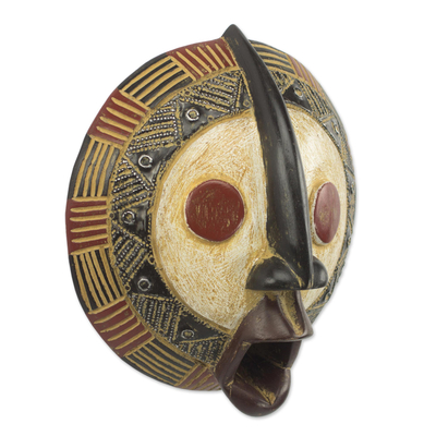 African wood mask, 'Yeau Light' - Sese Wood and Aluminum Mask with a Distressed Finish
