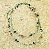 Sese wood and recycled glass beaded necklace, 'Casual Mint' - Ghanaian Sese Wood and Recycled Glass Beaded Wrap Necklace