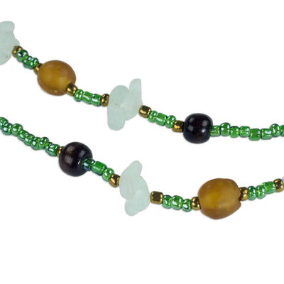 Sese wood and recycled glass beaded necklace, 'Casual Mint' - Ghanaian Sese Wood and Recycled Glass Beaded Wrap Necklace