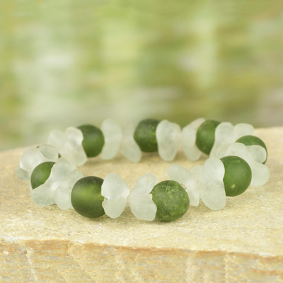Recycled glass beaded bracelet, 'Relaxing Akorfa' - Recycled Glass Beaded Bracelet in Green and White from Ghana