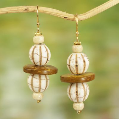 Wood and recycled glass dangle earrings, 'Village Breeze' - Recycled Glass and Sese Wood Dangle Earrings from Ghana