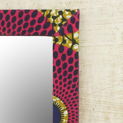 Cotton and wood wall mirror, 'Cerise Daakye' - Cotton and Sese Wood Mirror in Deep Rose and Gold from Ghana