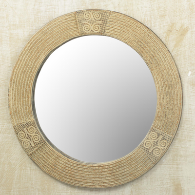 Wood wall mirror, 'Round Adiram' - Hand Crafted Sese Wood Round Adinkra Wall Mirror from Ghana