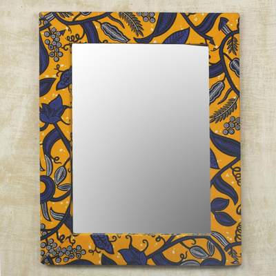 Cotton and wood wall mirror, 'Lapis Vines' - Ghanaian Cotton and Sese Wood Mirror in Daffodil and Lapis