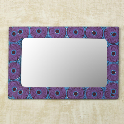 Cotton and wood wall mirror, 'Violet Destiny' - Cotton and Sese Wood Mirror in Violet and Indigo from Ghana