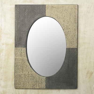 Wood and metal wall mirror, 'Oval Quadrants' - Artisan Crafted Aluminum and Wood Wall Mirror from Ghana