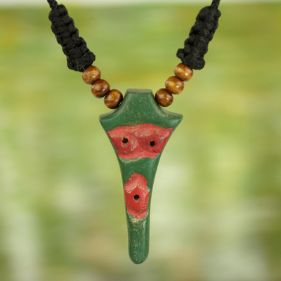 Wood pendant necklace, 'Ghanaian Eagle' - Adjustable Sese Wood Necklace in Red and Green from Ghana