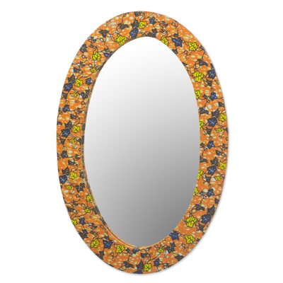 Cotton and Sese Wood Multicolored Floral Mirror from Ghana