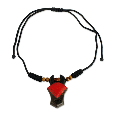 Wood pendant necklace, 'Anokye' - Hand Painted Wood Bead Necklace with Pendant from Ghana
