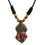 Wood pendant necklace, 'Gyau Atiko' - Hand Carved Wooden Pendant and Cord Necklace from Ghana