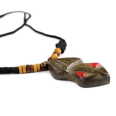 Wood pendant necklace, 'Gyau Atiko' - Hand Carved Wooden Pendant and Cord Necklace from Ghana