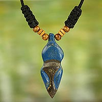 Wood pendant necklace, 'Akwatia Diamond' - Adjustable Sese Wood Necklace in Blue and Black from Ghana