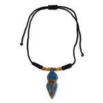 Wood pendant necklace, 'Akwatia Diamond' - Adjustable Sese Wood Necklace in Blue and Black from Ghana