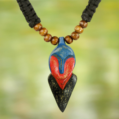 Wood pendant necklace, 'African Whale' - Adjustable Sese Wood Pendant Necklace from Ghana
