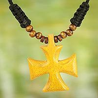 Wood pendant necklace, 'Cross of Divinity' - Adjustable Sese Wood Yellow Cross Necklace from Ghana