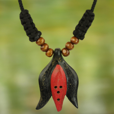 Wood pendant necklace, 'Oson Style' - Ethnic Style Abstract Elephant Hand Carved Wood Necklace