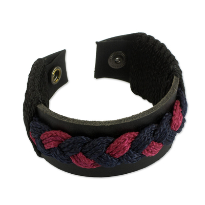 Leather wristband bracelet, 'Hajjaju Braid' - Ghanaian Leather Braided Wristband Bracelet in Black and Red