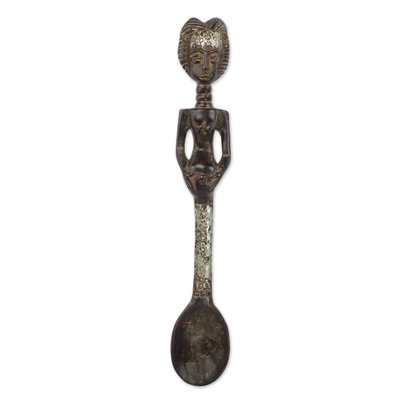 Wood wall sculpture, 'Spoon Lady' - Wood and Aluminum Wall Sculpture of a Woman with a Spoon