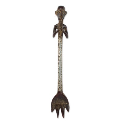 Wood wall sculpture, 'Mensah Fork' - Wood and Aluminum Wall Sculpture of a Man with a Fork