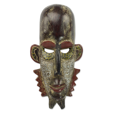 Afrikanische Holzmaske, 'Wambi-Becken'. - Seseholz und geprägte Aluminium-Afrikanische Maske aus Ghana