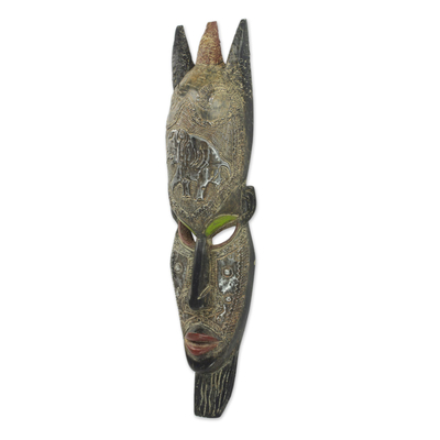 African wood mask, 'Nii King' - Sese Wood and Aluminum Multicolored African Mask from Ghana