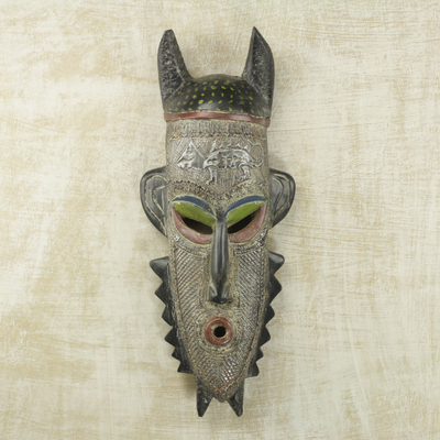 African wood mask, 'Baba Mask' - Hand-Carved Sese Wood and Aluminum Repousse African Mask