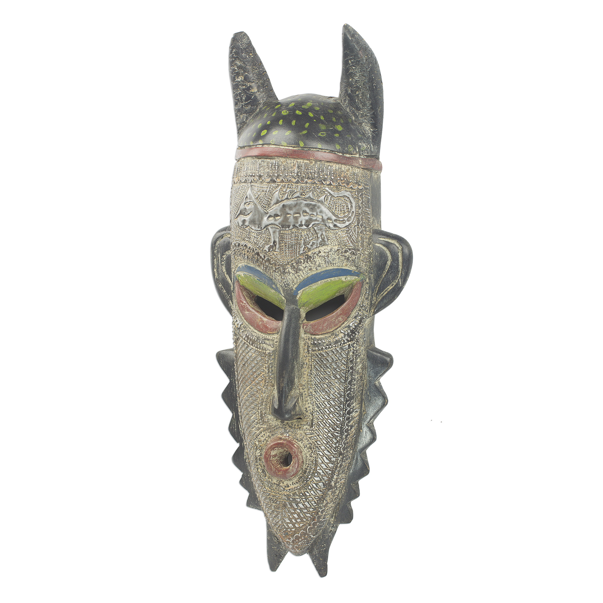 Hand Carved Sese Wood And Aluminum Repousse African Mask Baba Mask