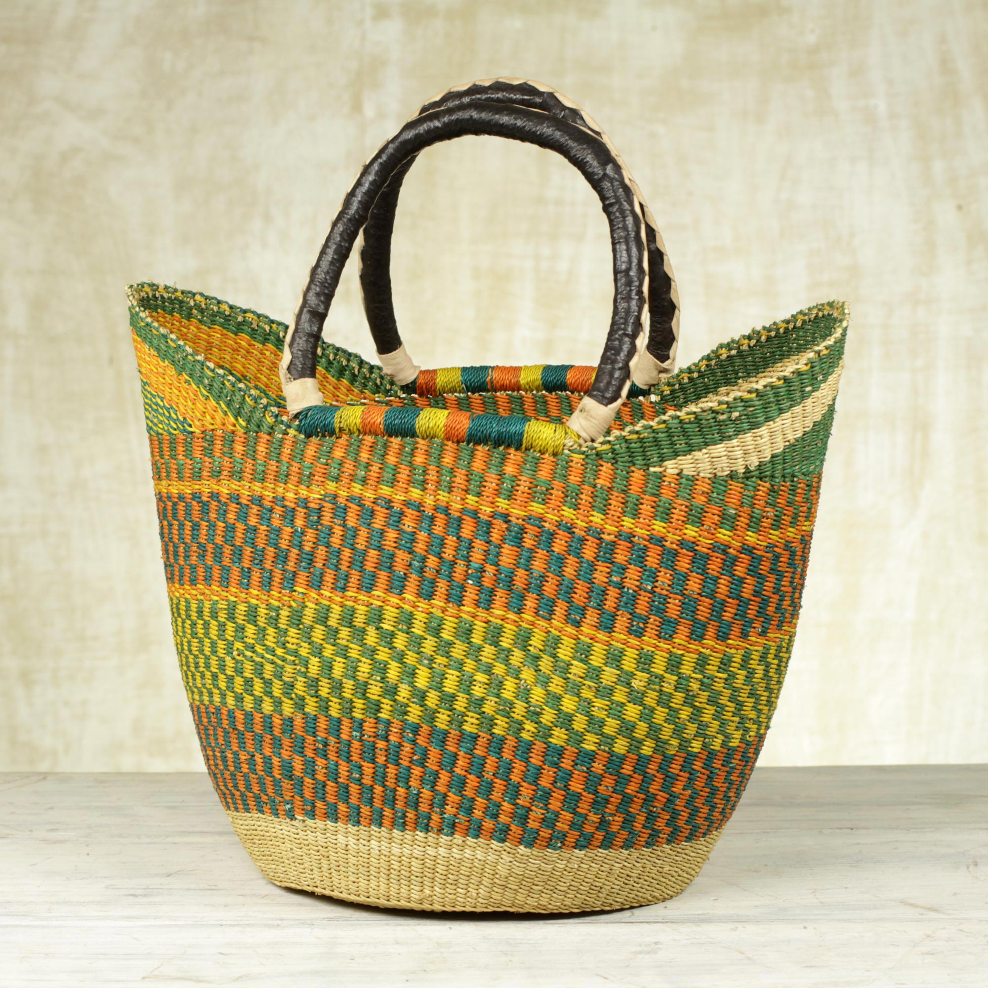 Handcrafted Leather Accent Raffia Basket from Ghana - African Colors ...