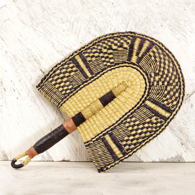 Leather accent raffia fan, 'Savanna Comfort' - Handcrafted Leather Accent Raffia Fan from Ghana