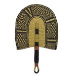 Leather accent raffia fan, 'Savanna Comfort' - Handcrafted Leather Accent Raffia Fan from Ghana