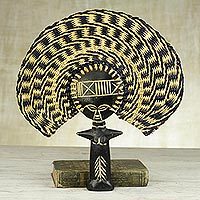 Wood and raffia fan, 'Mother Breeze' - Woven Black and Cream Raffia Fan with Fertility Doll Handle