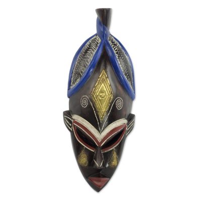 African wood mask, 'Stunning Ahoufe' - Sese Wood and Brass African Mask in Black from Ghana