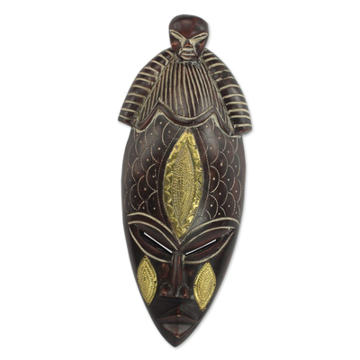 African wood mask, 'Village Asemkafo' - Hand Crafted African Sese Wood and Brass Mask from Ghana