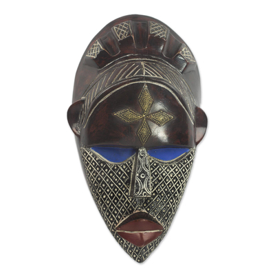 Colorful Ghanaian Sese Wood Aluminum and Brass African Mask