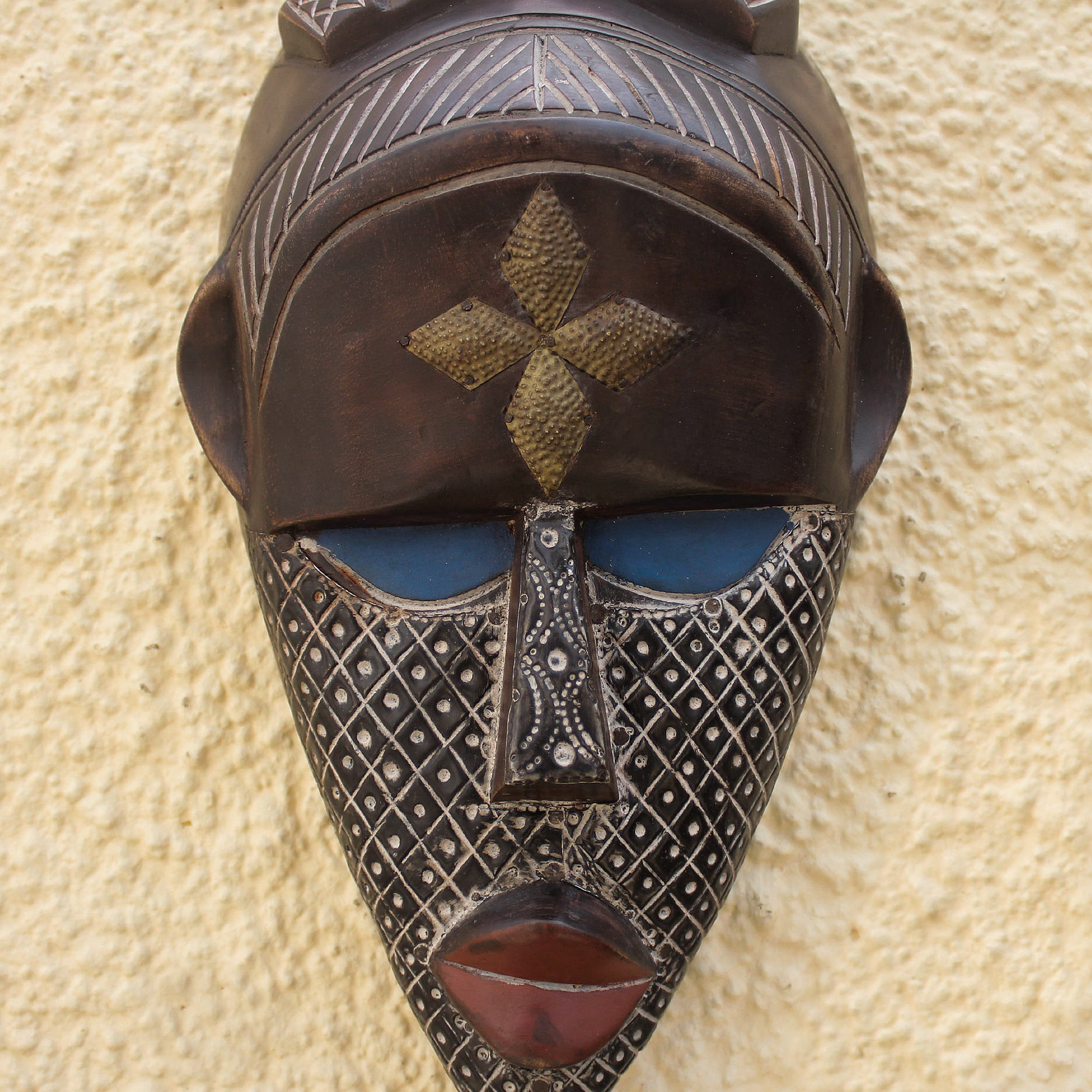 Colorful Ghanaian Sese Wood Aluminum And Brass African Mask Community Asemkafo Novica 7395