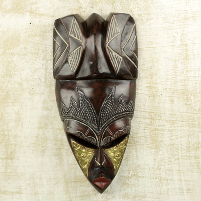 African wood mask, 'Royal Paa Naa' - Sese Wood Aluminum and Brass Wall Mask by Ghanaian Artisans