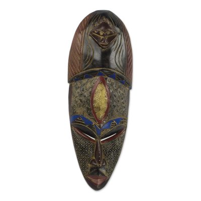 African wood mask, 'Heart of Purity' - Multicolored Sese Wood Aluminum and Brass African Mask