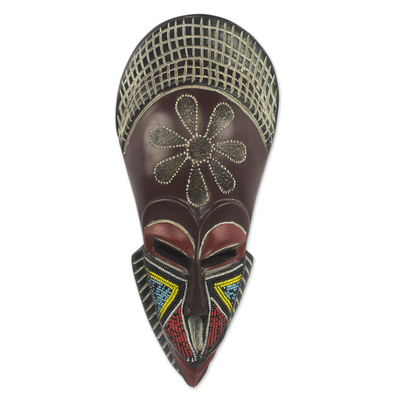 African Sese Wood and Recycled Glass Beaded Mask from Ghana
