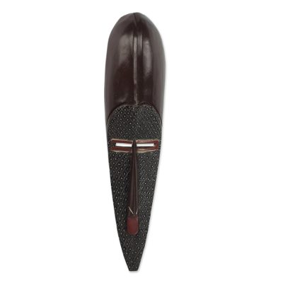 African wood mask, 'Fumnaya Longing' - Hand Crafted African Sese Wood and Aluminum Mask from Ghana