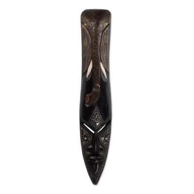 African wood mask, 'Osono Wanderer' - African Sese Wood Aluminum and Brass Ghanaian Elephant Mask