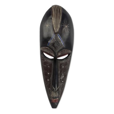 African wood mask, 'Virtuous Jideofor' - African Sese Wood and Aluminum Mask in Black from Ghana