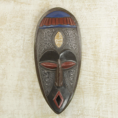 African wood mask, 'Ahoto Dreams' - Handcrafted Sese Wood And Aluminum African Mask from Ghana