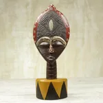 African wood sculpture, 'Biakoye Mask' - Ghanaian Sese Wood Mask Sculpture with Aluminum Plating