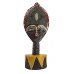 African wood sculpture, 'Biakoye Mask' - Ghanaian Sese Wood Mask Sculpture with Aluminum Plating