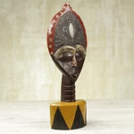 African wood sculpture, 'Biakoye Mask' - Ghanaian Sese Wood Mask Sculpture with Aluminum Plating