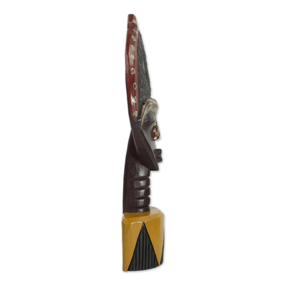 African wood sculpture, 'Biakoye Mask' - Ghanaian Sese Wood Mask Sculpture with Aluminum Plating