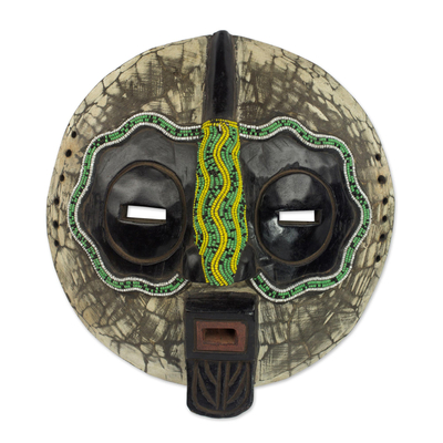 Sese Wood and Recycled Glass Bead African Mask from Ghana