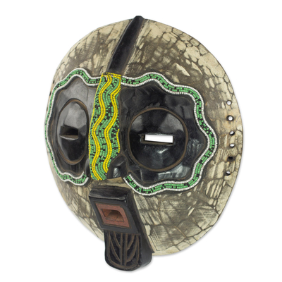 African beaded wood mask, 'Ntiase Understanding' - Sese Wood and Recycled Glass Bead African Mask from Ghana