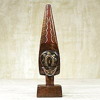 African wood sculpture, 'Ntiase' - Ghanaian Sese Wood Sculpture with Brass and Bead Accents